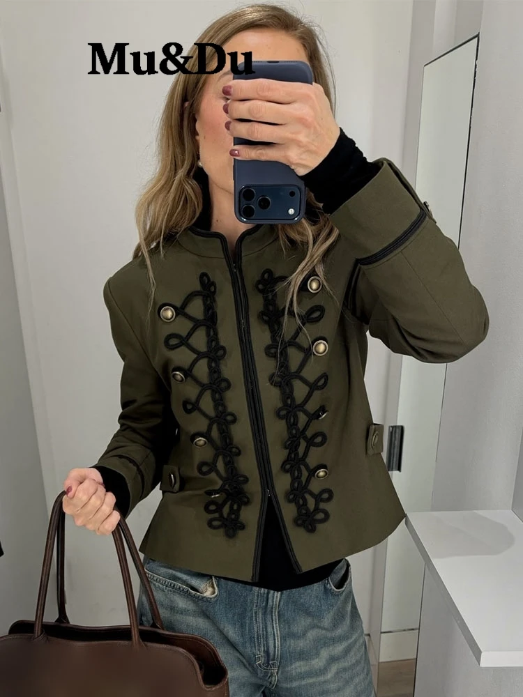 Women's Spring Cropped Napoleon Jacket - Stand Collar Button Front