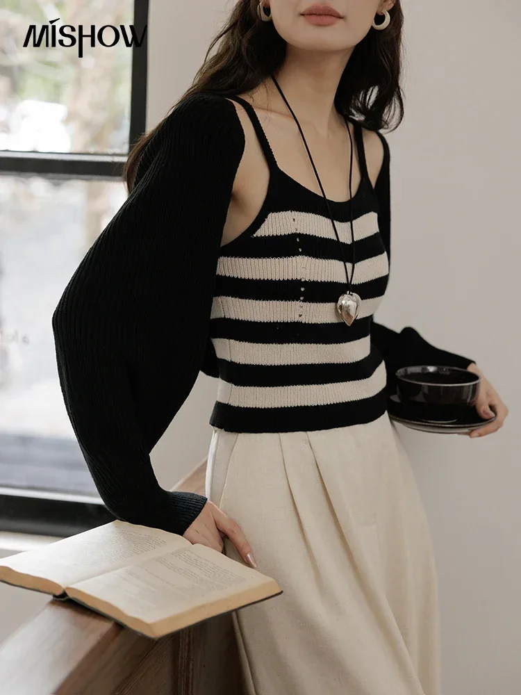 MISHOW Knitted Cardigan Striped Camisole Vest Set Autumn Korean Lantern Sleeve Cardigans Casual Tank Two-piece Set MXD42T0395