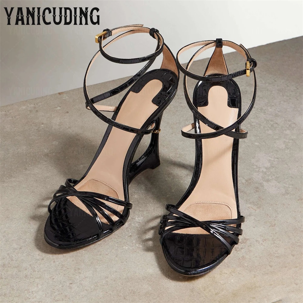 

Strappy Cutout Wedge Sandals Curved Hollowed High Heeled Summer Shoes Ankle Strap Sculpted Heel Gold Tone Buckle Women's Sandals
