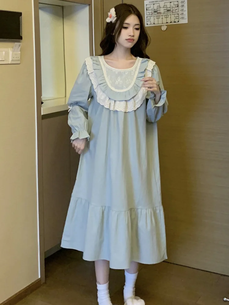 Soft Cotton Lace Sweet Solid Princess NightDress Autumn Winter Long Sleeve Pajama Set Women Kawaii  Comfortable Casual Elegant