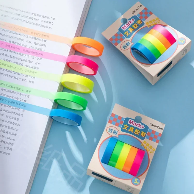 5Roll 5M Fluorescent Color Translucent Tape Student Notebook Reading Key Word Sentences Highlight Tape Mark Decor Sticky Note