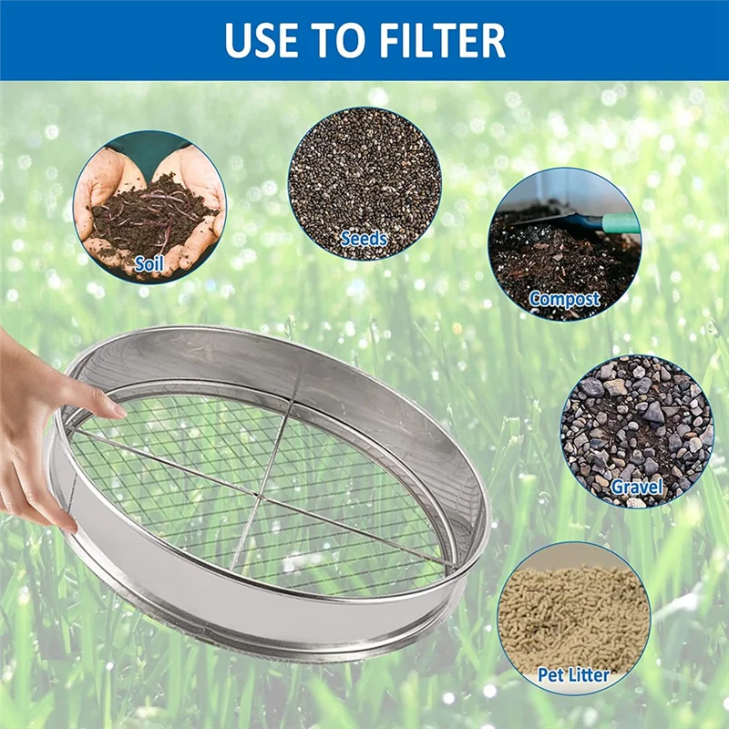 Garten-Topfgeflecht-Sieb-Siebpfanne – Edelstahl-Mischbodenfilter, 4 Siebgeflechtfilter (1/8 Zoll, 1/4 Zoll, 3/8 Zoll und 1/2 Zoll)