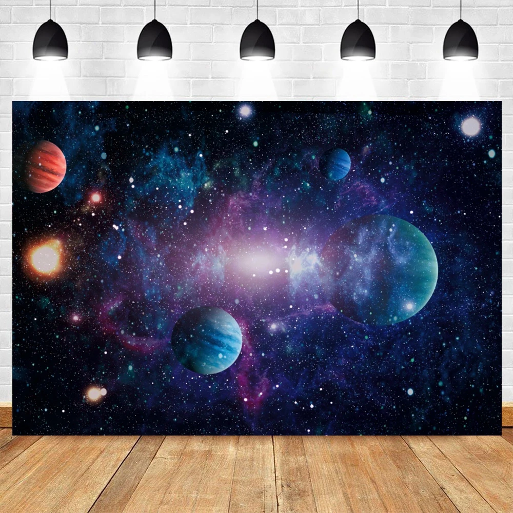 Starry Sky Universe Space Capsule Backdrop Planet Solar System Scene Baby Birthday Party Photography Background for Photo Studio