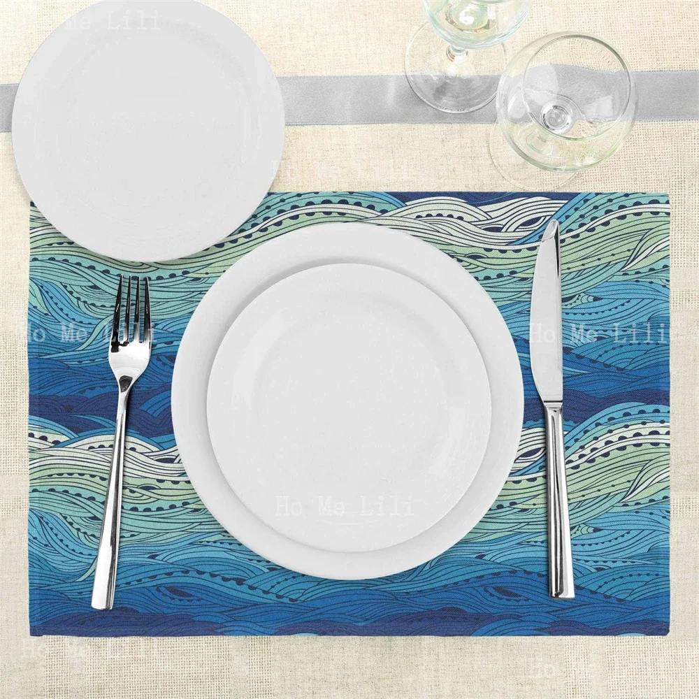 Aquatic Conceptual Ocean Themed Artwork Hand Drawn Waves Seascape Maritime Placemats For Dining Room Table Decor