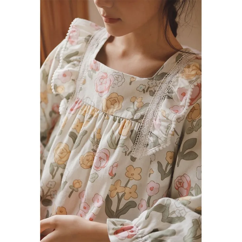 2023 Autumn Cotton Flower Fragrance Plant Print Night Dress Women\'s Soft Long Sleeve Pajama Skirt Brushed Fabric Lace Nightgowns