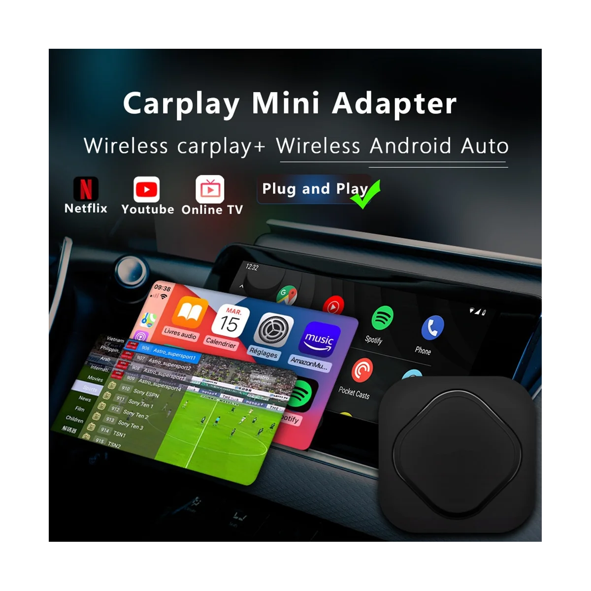 Wireless CarPlay Ai Box Wireless Android Auto Adapter Upgrade GPS TV Live, Global TV Channel , Output ,USB Disk Play