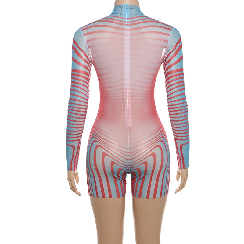 Sexy See Through Romper Women Summer Stripe Print High Waist Wrap Hip Long Sleeve Zipper Stretch Skinny Playsuit Clubwear