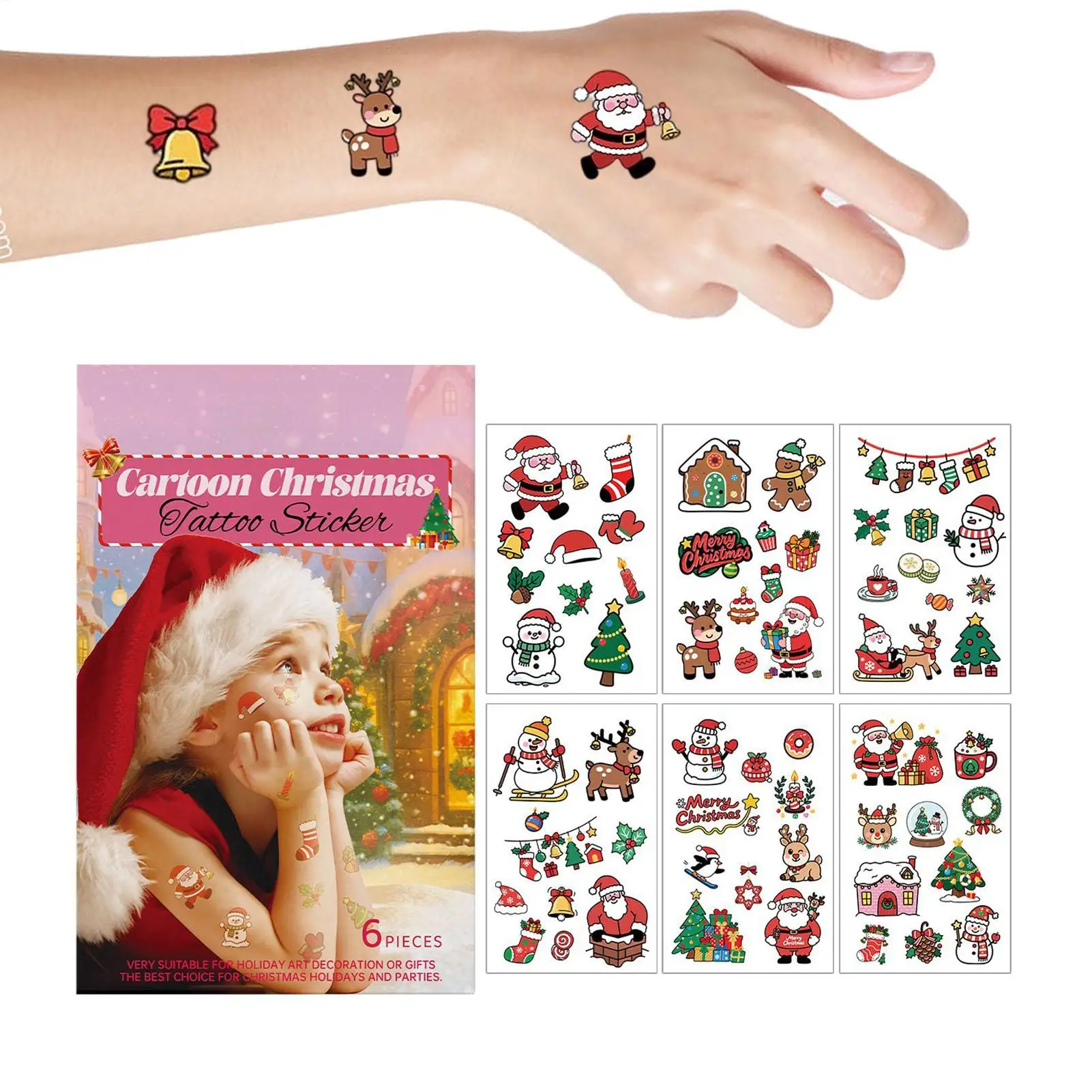 6pcs Christmas Series Tattoo Stickers Fake Cartoon Waterproof Body Art Santa Reindeer Snowflake Tattoo Sticker Kid Face Makeup