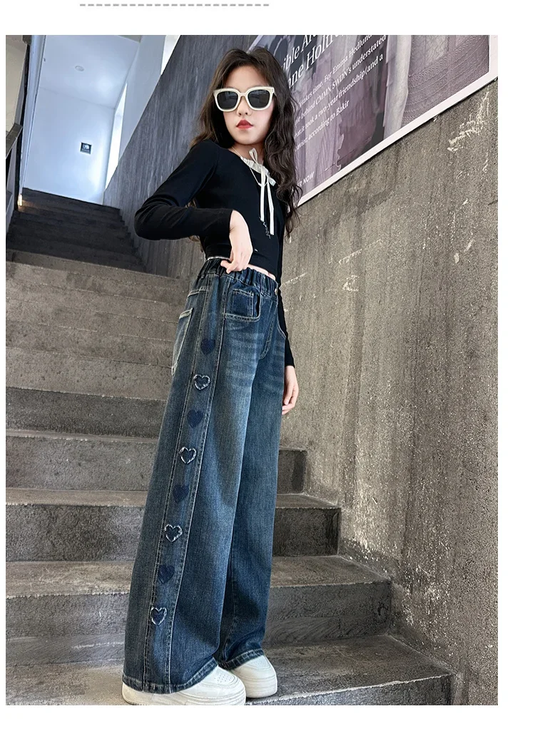 ZOETOPKID Herbst Teenager Mädchen Herz Jeans Mode Retro Weites Bein Gerade Denim Hosen Kinder Casual Streetwear Jeans Hosen – Detail 8