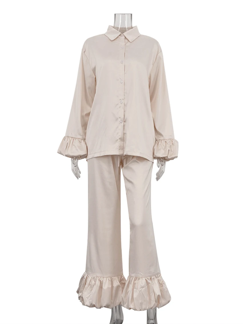 Marthaqiqi Loose Home Clothes Women Long Sleeve Nightgown Sexy Turn-Down Collar Sleepwear Pants Casual Ladies Pajama 2 Piece Set