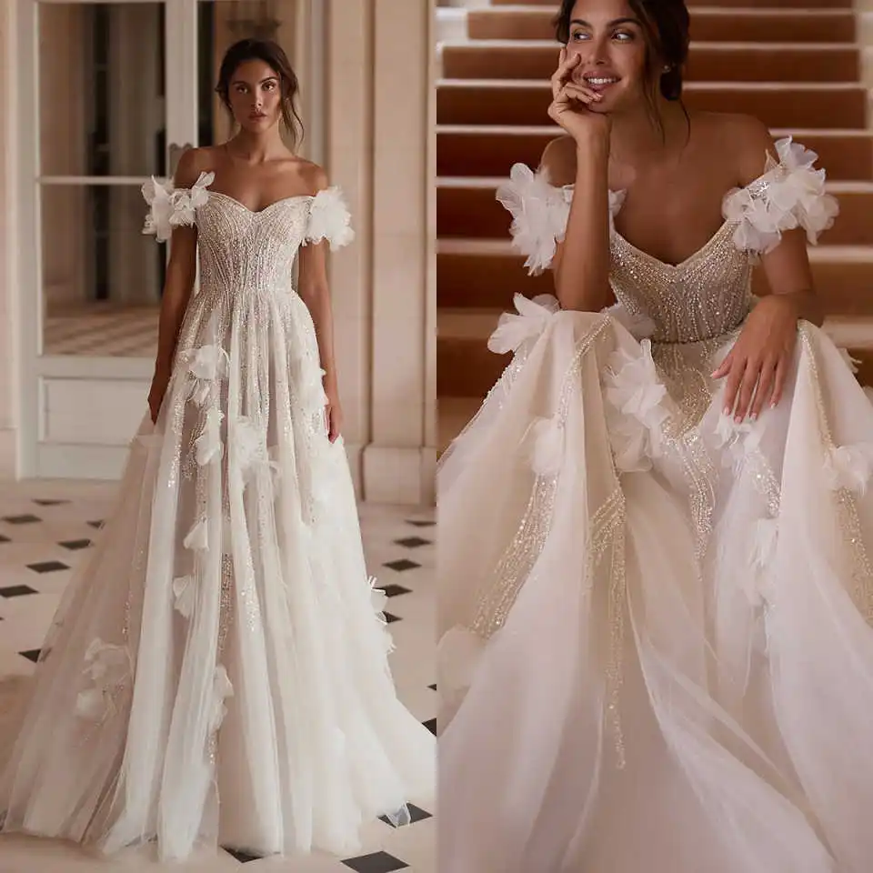 

Роскошные свадебные платья трапециевидной формы с аппликацией и открытыми плечами, расшитые бисером свадебные платья, элегантный халат с цветочным принтом De Mariee по индивидуальному заказу