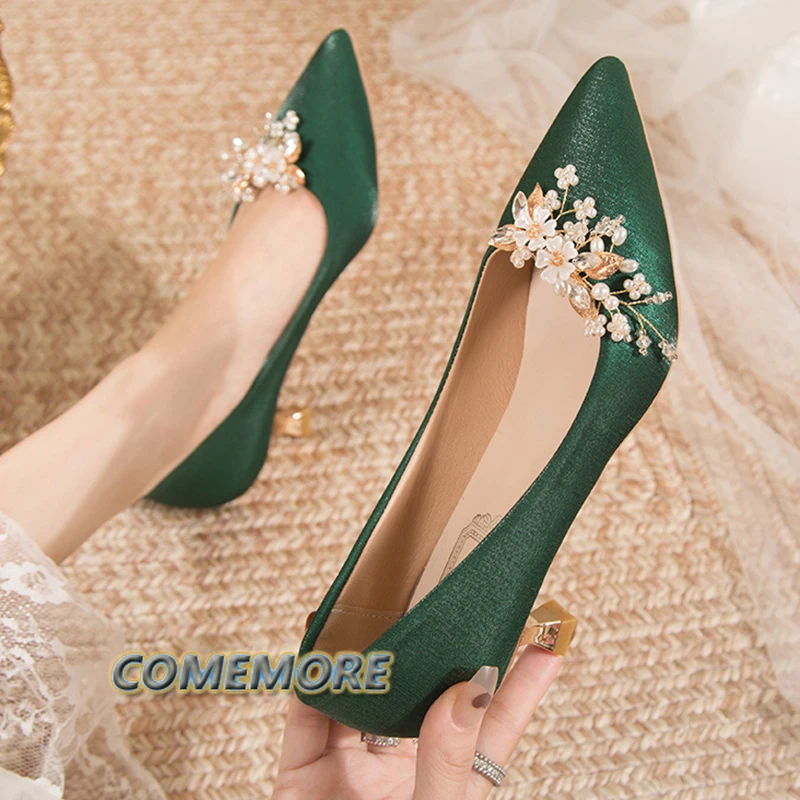 Flowers Pointed Toe Pumps for Women\'s 2023 New Green Silk Low Heels Shoes Woman Slip on Thin Heeled Lady Shoes Green Party Shoes