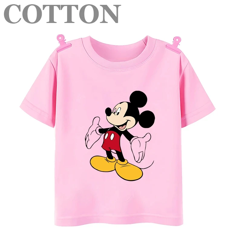 ديزني-تي شيرت أنمي ميكي ماوس للأطفال ، أكمام قصيرة ، نقش مطبوع ، كرتون ، قطن ، صيف ، موضة متعددة ، قمة للفتيات