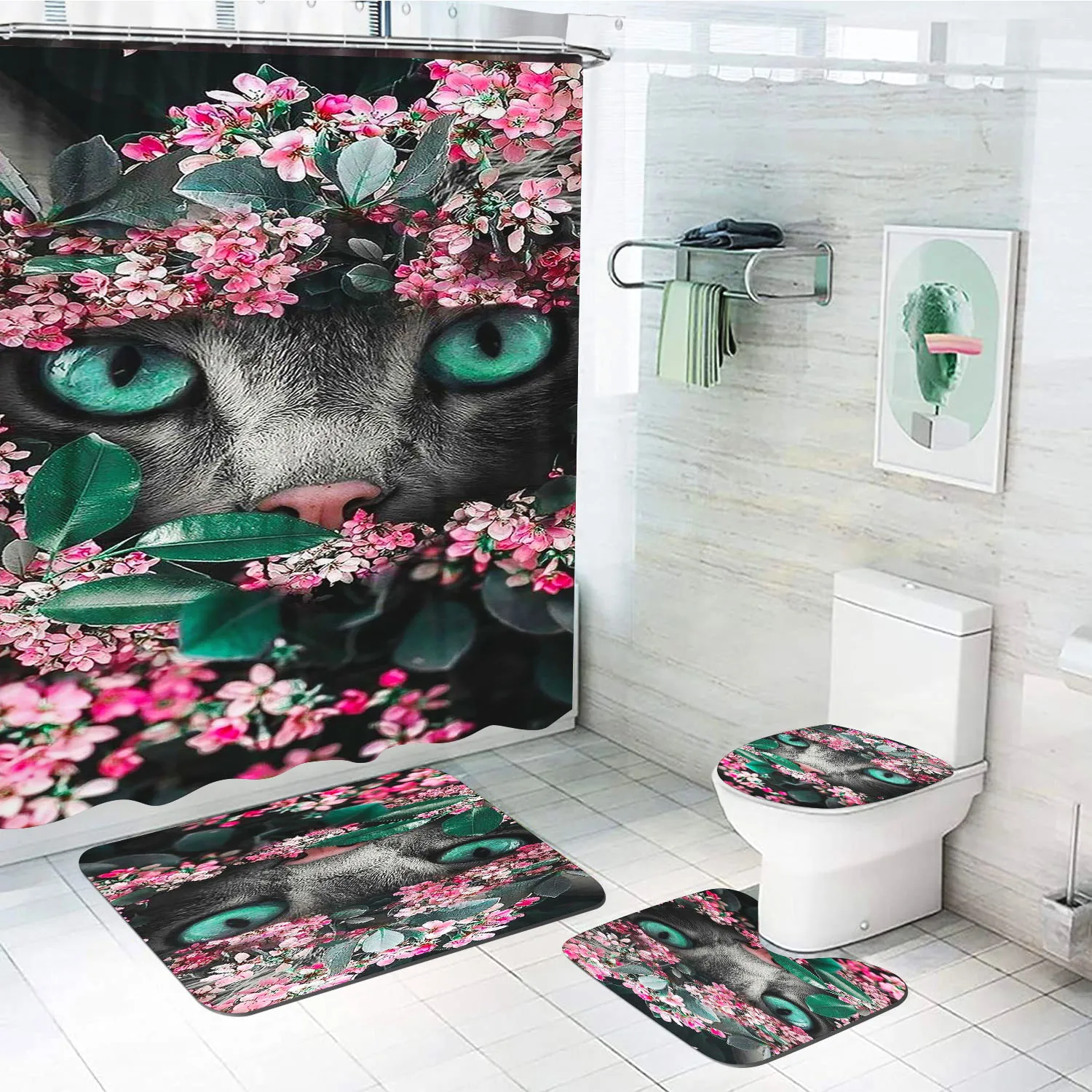 

Набор для ванной комнаты с изображением волка и кошки: шторка для душа, 4 предмета, милый мультяшный дизайн, роскошные аксессуары, полный комплект ковриков, подарки для мальчиков и девочек