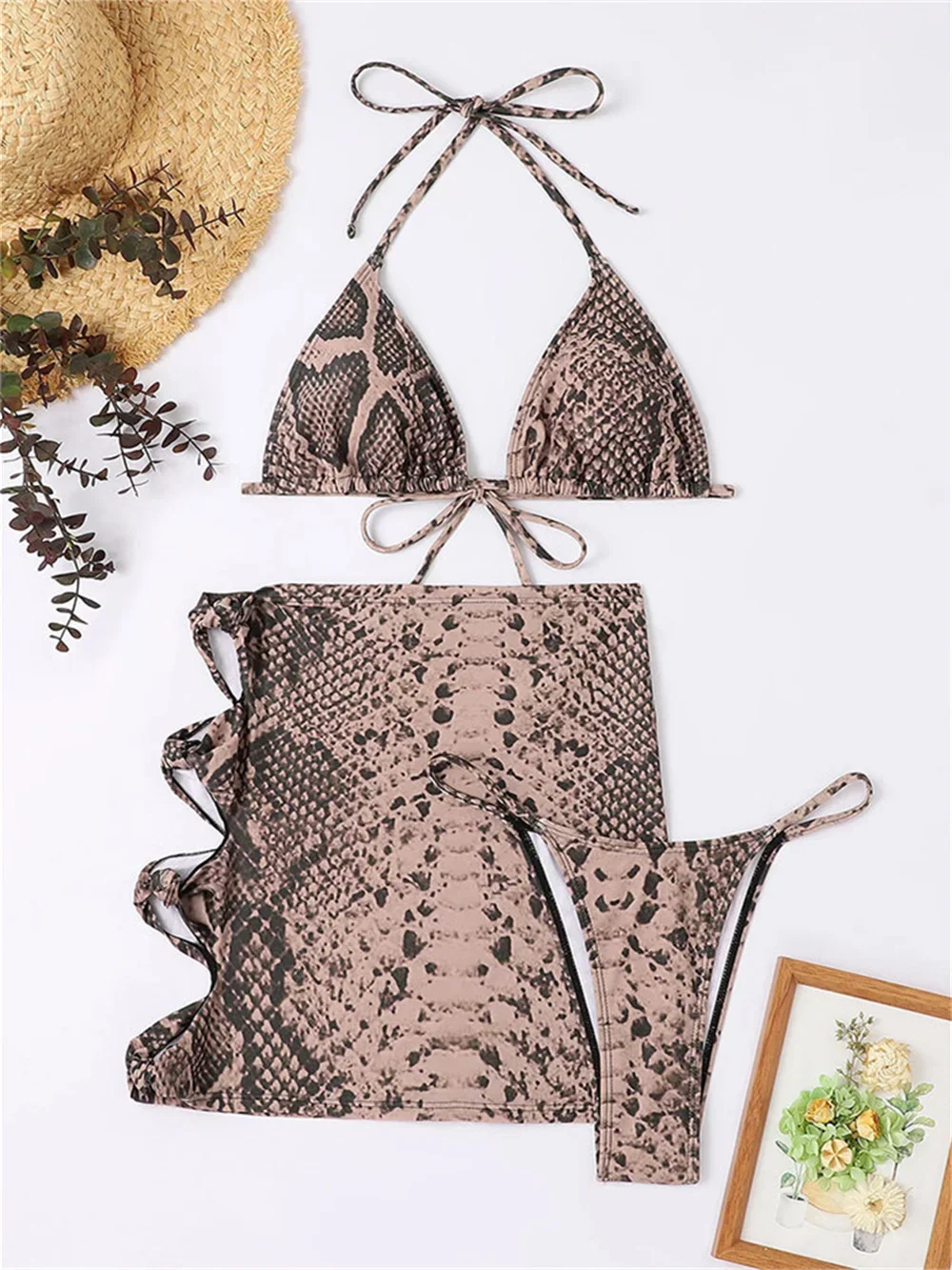 

Sexy Snake Bikini Triangle String Extreme Swimsuit Knotted Hollow Out Skirt Vacation Swimwear Women Backless Beach Summer Outfit