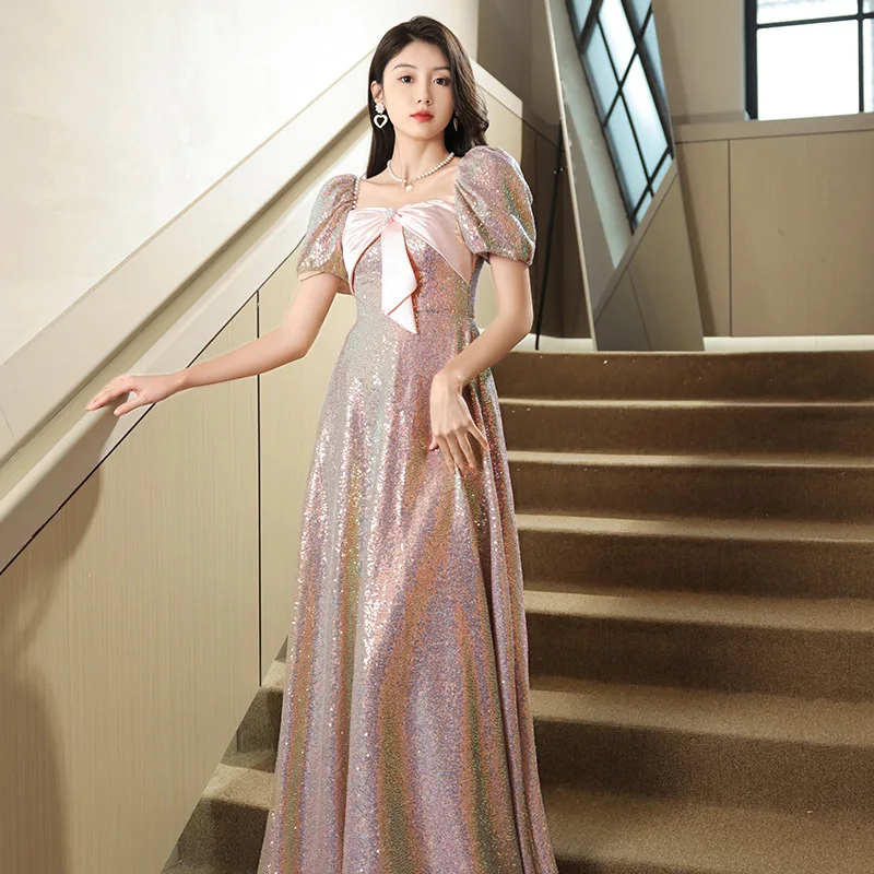 

Pink Sequined Evening Gown, Female Student Coming of Age Dress, Fashionable and Elegant Vocal Art Exam Dress, Spring Edition