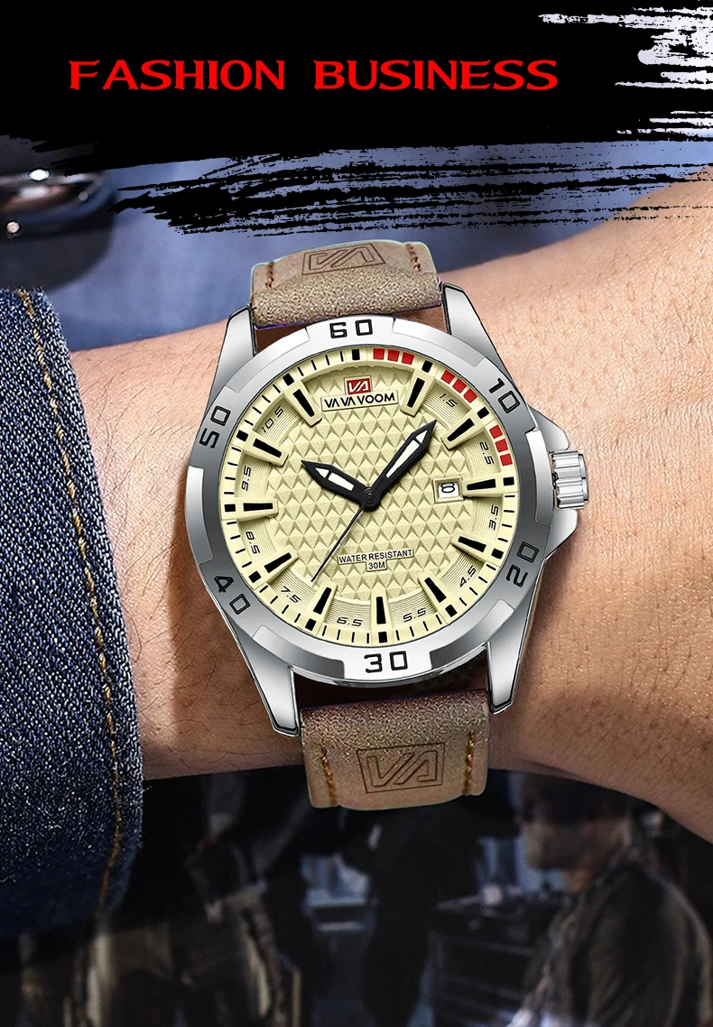 VA VA VOOM Männer Casual Sport Militär Quarz Kalender Armbanduhr für Mann Business Leder Wasserdichte Männliche Uhr Relogio Masculin – Detail 11