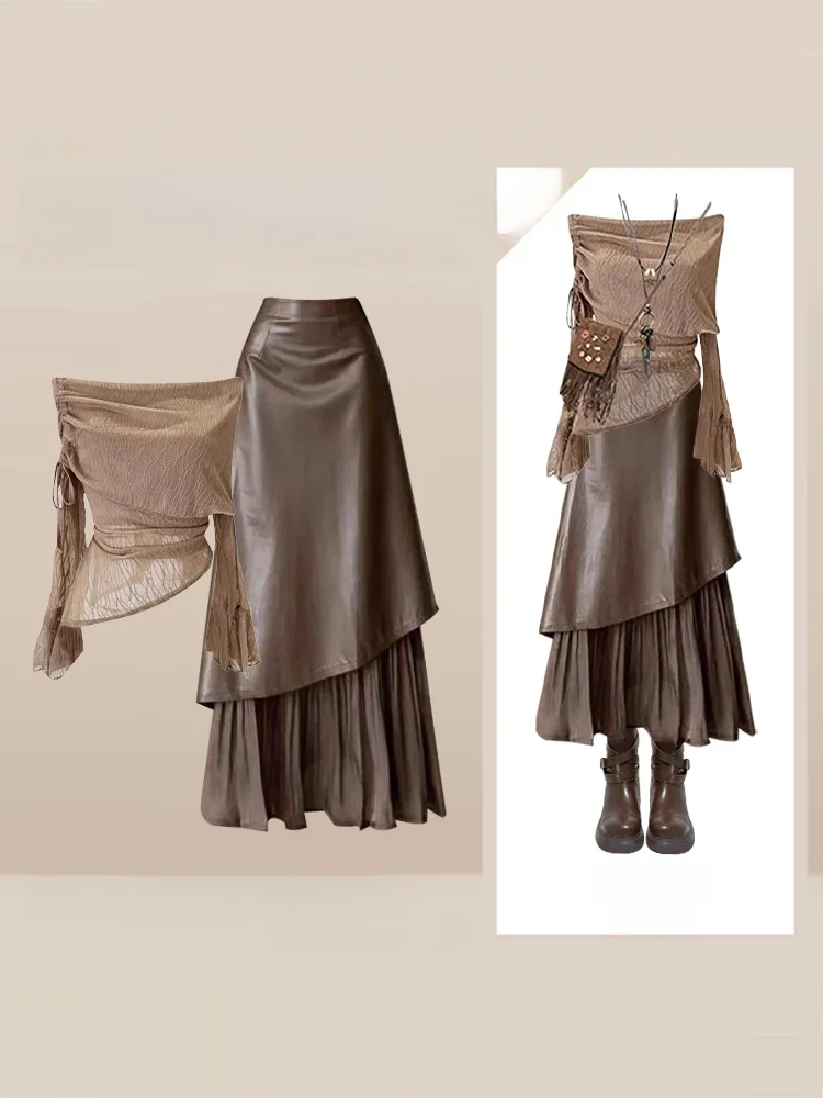 

Осень-зима, новый женский комплект из топа и юбки на одно плечо с застежкой на талии, универсальный длинный све Dr