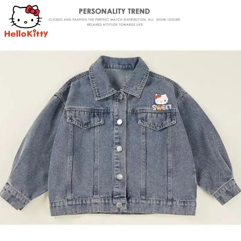 Kawaii Kids Cartoon Denim Jacket Anime Hello Kittys Spring Autumn Student Leisure Coat Versatile Loose Cardigan Tops Girls Gifts