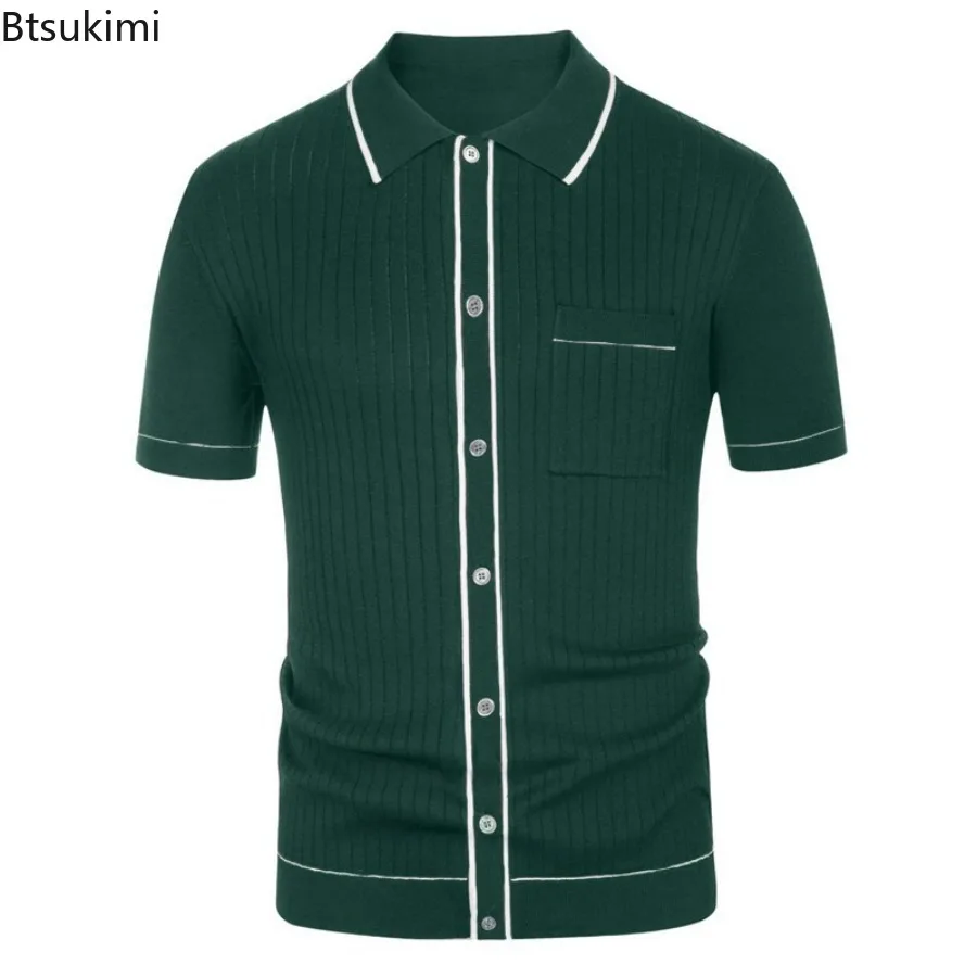 2024 Men\'s Summer Short Sleeve Polo Shirts with Button Front Solid Knitted Formal Office Dress Shirts Male Casual Shirts Tops