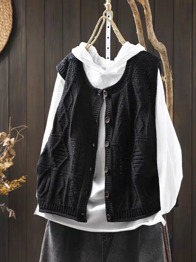 루즈핏 니트 솔리드 컬러 트위스트 니트 베스트 가디건 여성 캐주얼 라운드넥 싱글 버튼 봄 가을 아우터