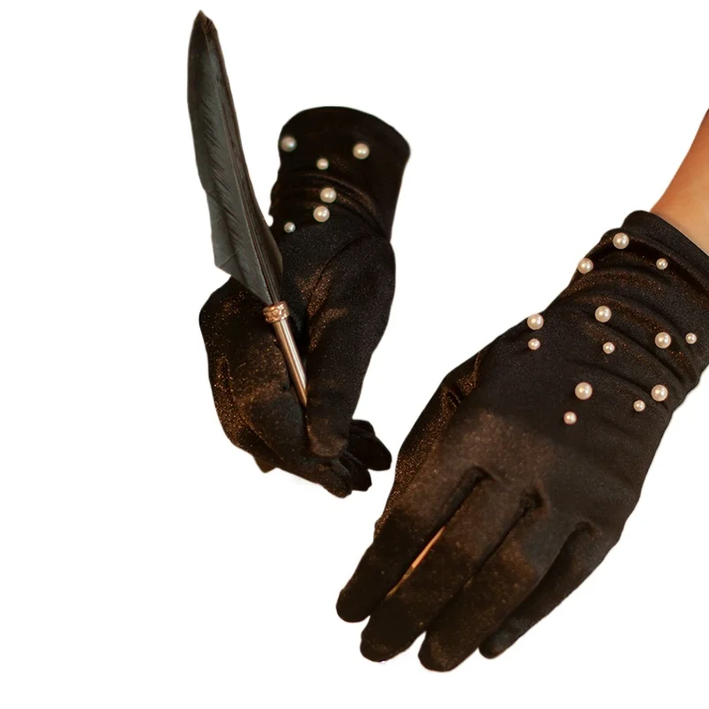 wedding-gloves-black-stretch-satin-pearl-wrist-wedding-photo-dress-vintage-accessories