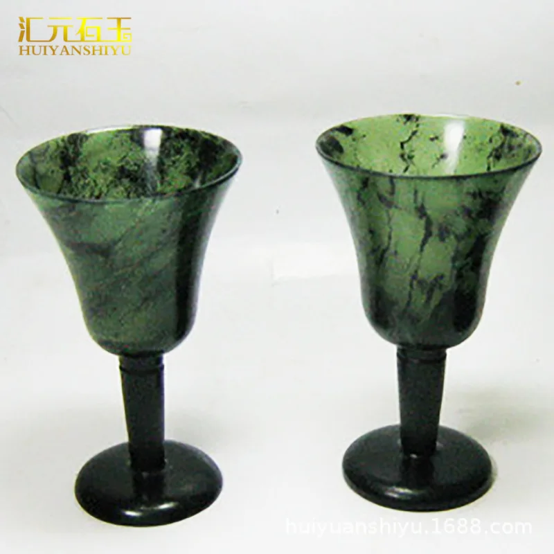 Qilian Mountain Dark Jade Luminous Cup Medicine King Stone Goblet Serpentine Jade Wine Set Olive Green Meteorite with Magnetic W