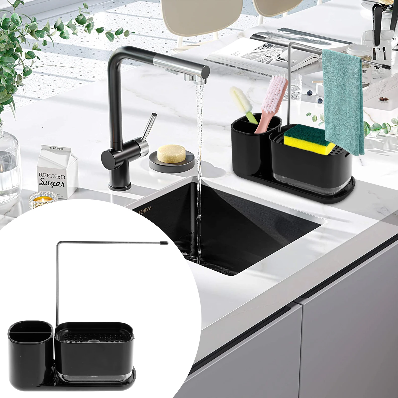 Soap Dispenser Kitchen Set with Tray Sponge Holder Multifunctional Kitchen Press Soap Dispenser with Towel Holder Detachable