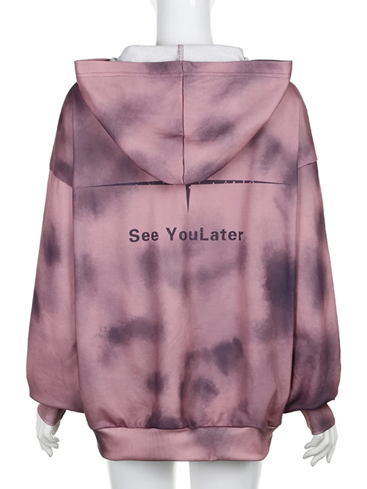 IAMSURE Casual Streetwear Tie Dye Printed Hoodies Loose Hooded Zipper Long Sleeve Sweatshirts Coats Women 2023 Autumn Winter