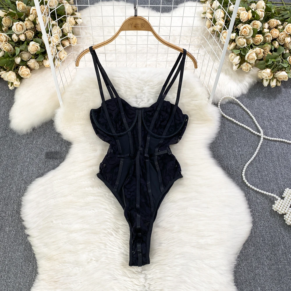 Summer Fashion Sexy Perspective Slim Fit Bodysuit Women Black White Bottom Strap Tank Top See Through Lace Casual One Piece