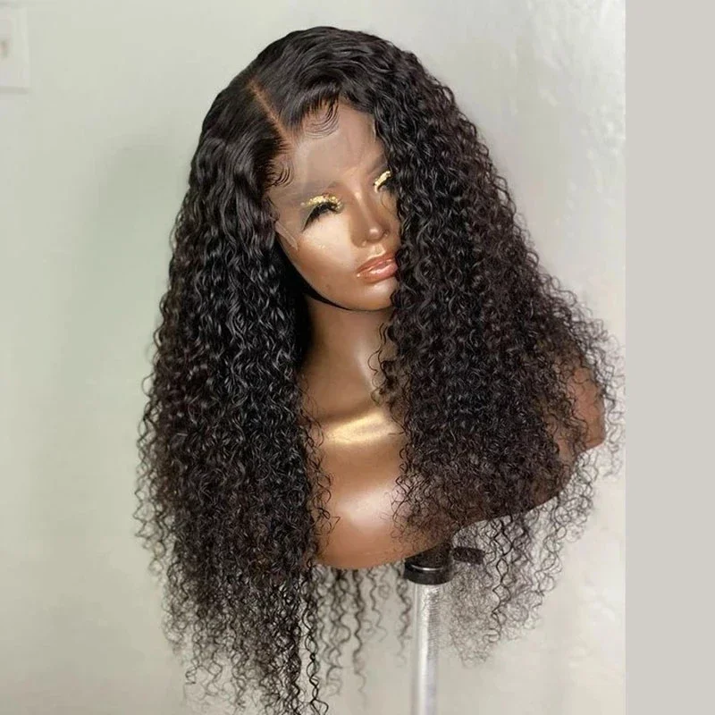 Perruque Lace Front Wig crépue bouclée noire, 26 pouces, densité 180, baby hair, pre-plucked, sans colle, degré de chaleur, pour femmes noires