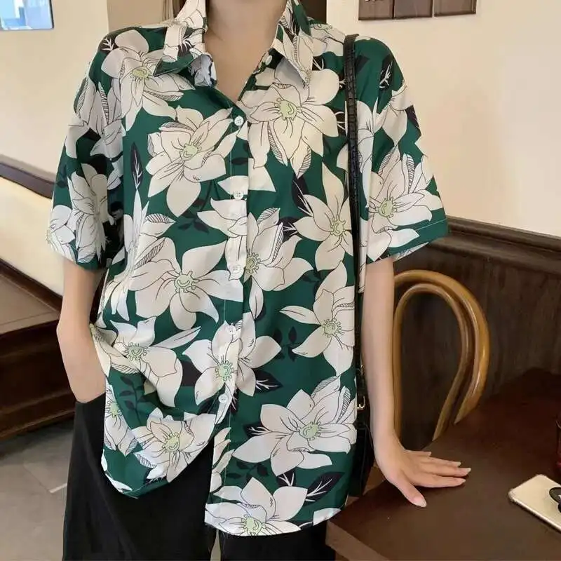 

Vintage Flower Painting Blouse Vacation Loose Oversized Button Up Shirt Summer Half Sleeve Lapel Tops Women Holiday Clothes