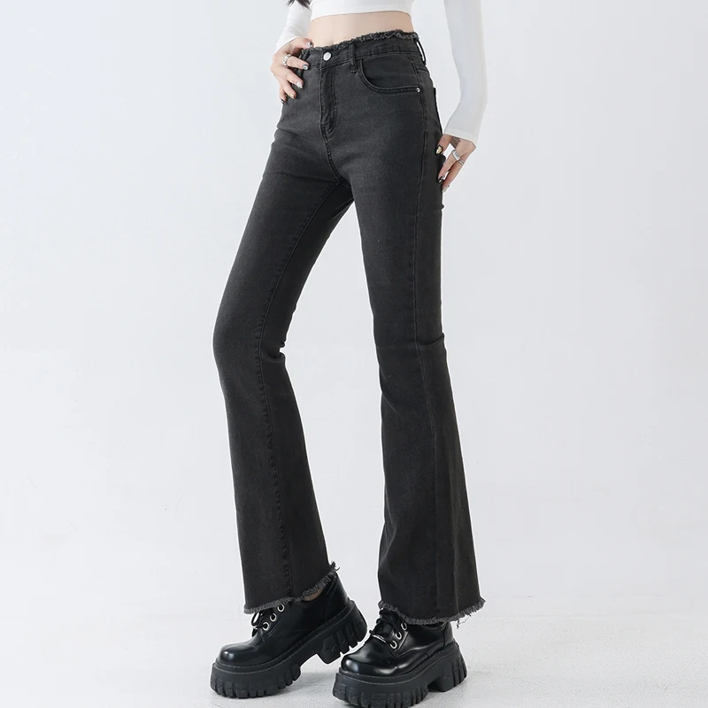 

Women Vintage Flare Stretch Jeans Fashion Skinny Bell Bottom Tassel High Waist Gray Denim Pants Lady Classic Long Trousers