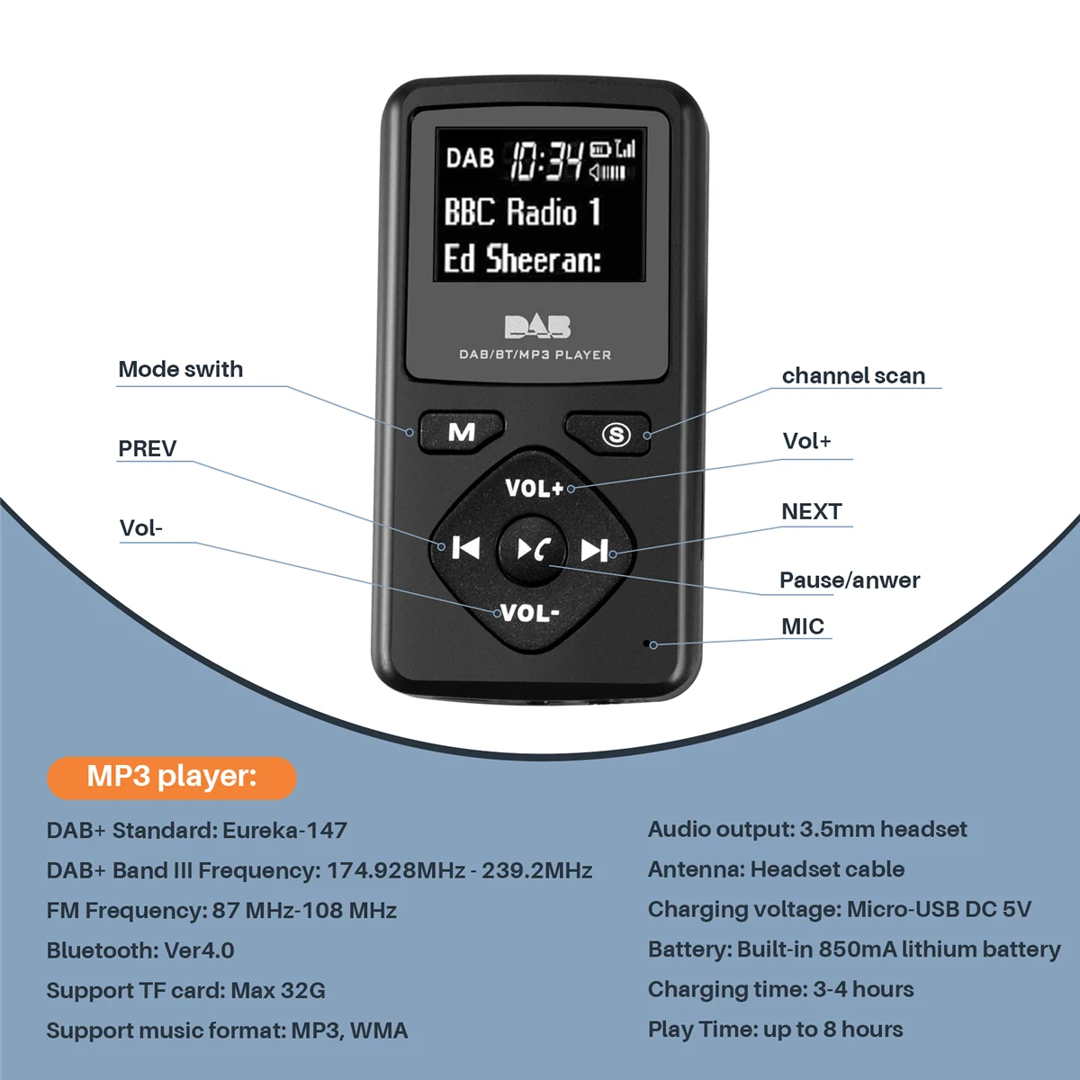 DAB/DAB Radio Digital Bluetooth 4,0 bolsillo Personal FM Mini Radio portátil auricular MP3 Micro-USB para el hogar