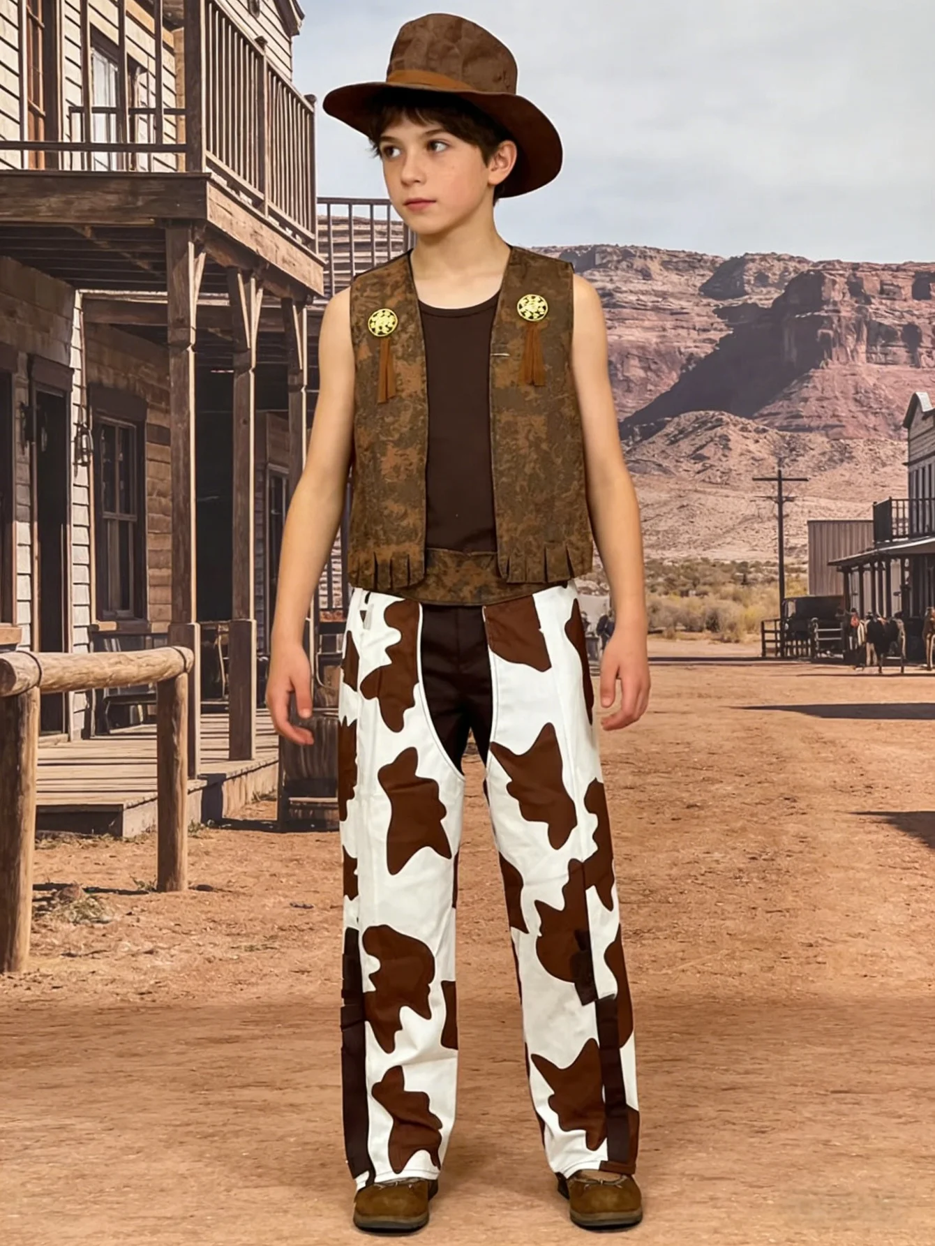 Kids western cowboy costume set with hat, vest & cow print trousers for party dressing up