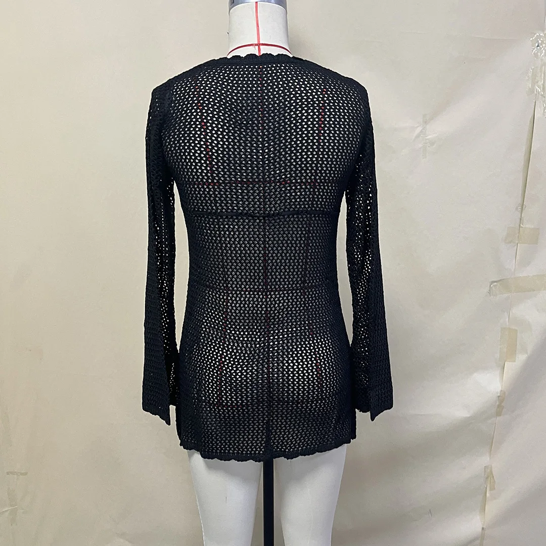 Sexy Langarm-Tunika mit Aushöhlungen, gehäkelt, gestrickt, Strand-Cover-up, Strandkleid, Strandmode, Damen, V5525 – Detail 9