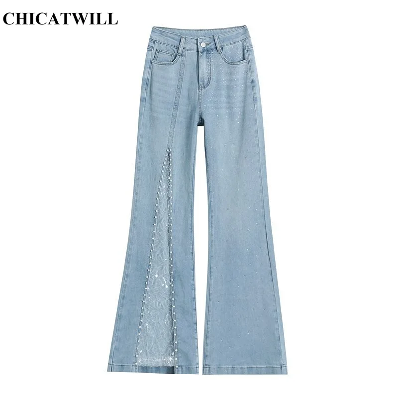 CHIC Summer Lyocell Elegant Lace Pearls Sequined Patchwork Bootcut Denim Jeans for Women Flared Pants Fashion Girl Long Trousers
