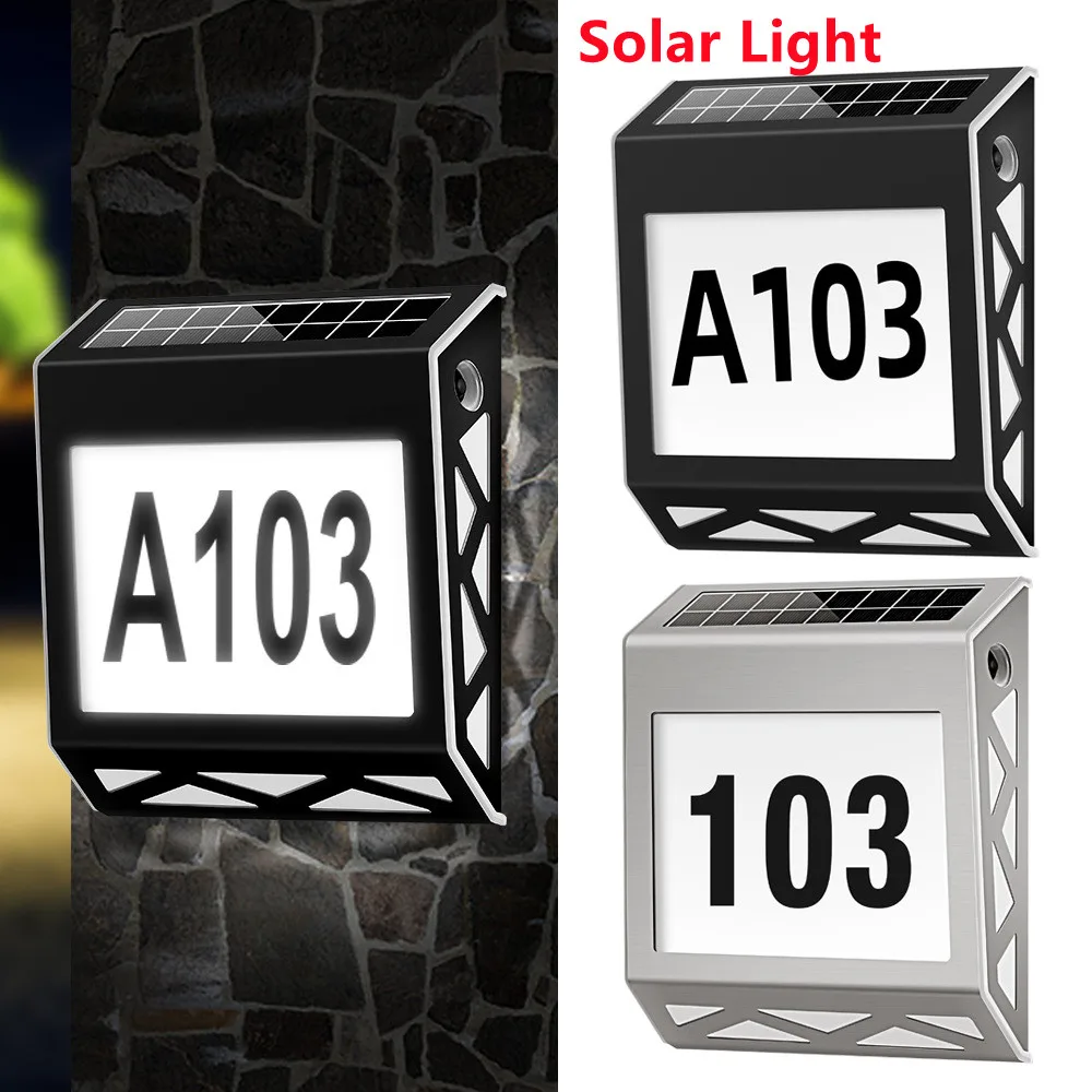 

LED Solar Powered Wall Light LED Doorplate Lamp Stainless Outdoor Apartment House Porch Number Light with Backlight Black Silver