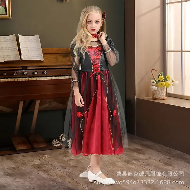 Halloween Girl Cosplay Vampire Dress For Kids Ghost Bride Vampire Costume Vampiran Carnival Party Outfits Scarlet Gothic Clothes