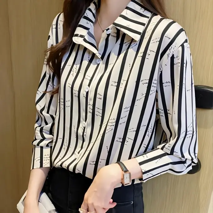 Women\'s Spring Casual Simplicity Striped Long Sleeve Shirts Women Clothes Fashion Elegant Temperament All-match Loose Tops