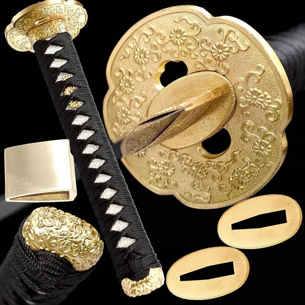 

Large Size Tsuba Japanese TaChi Sword Set Fittings For Katana/Wakizashi Brass Menuki+Fuchi+Kashira+Tsuka/Handle+Habaki+Seppa