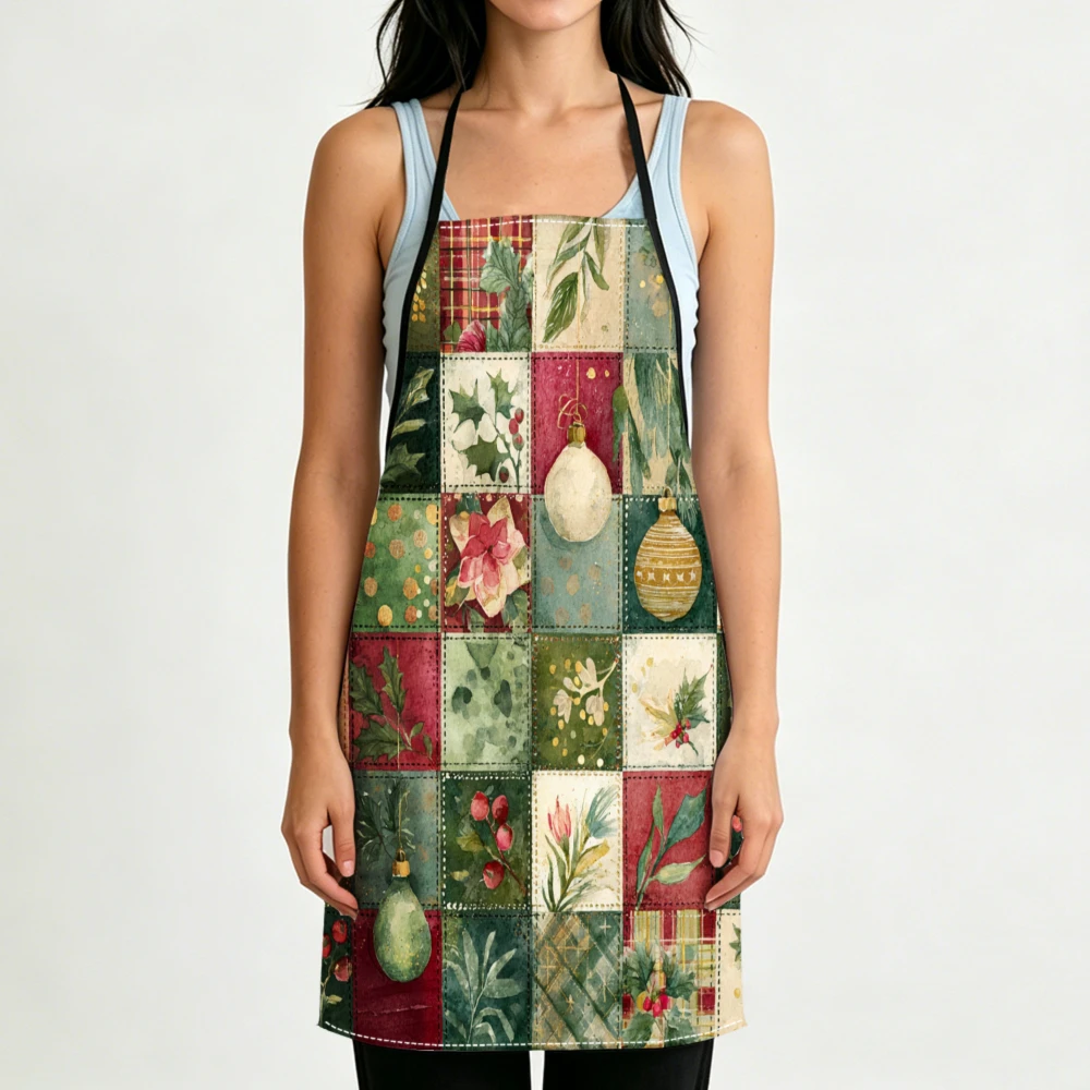 Vintage Patchwork Floral Christmas Ornament Print Adjustable Kitchen Apron Cooking Baking Gardening