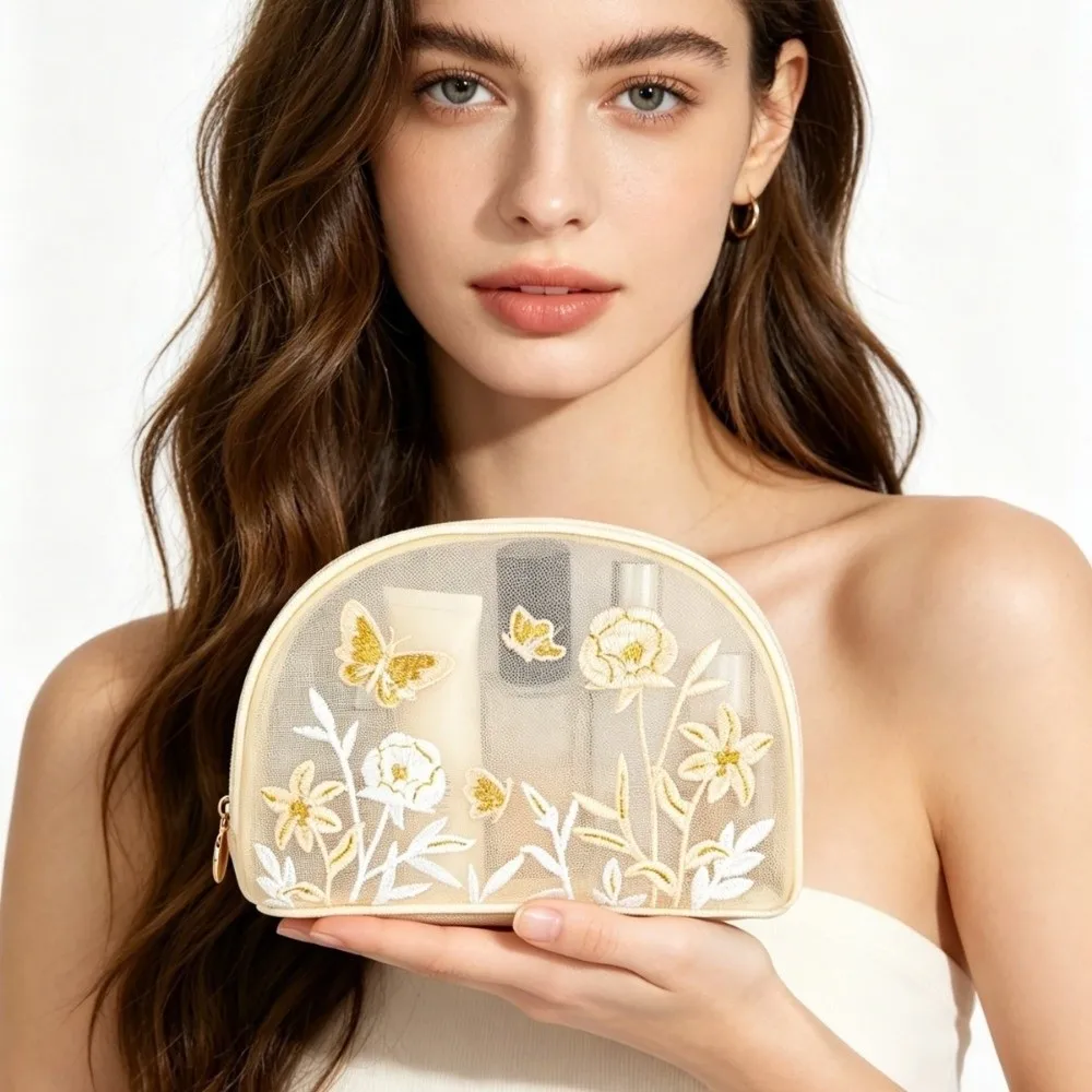 Portable Large Capacity Toiletry Bag Embroidery Butterfly Shell Cosmetic Storage Bag Hollow Mesh Makeup Bag Storage Organizer