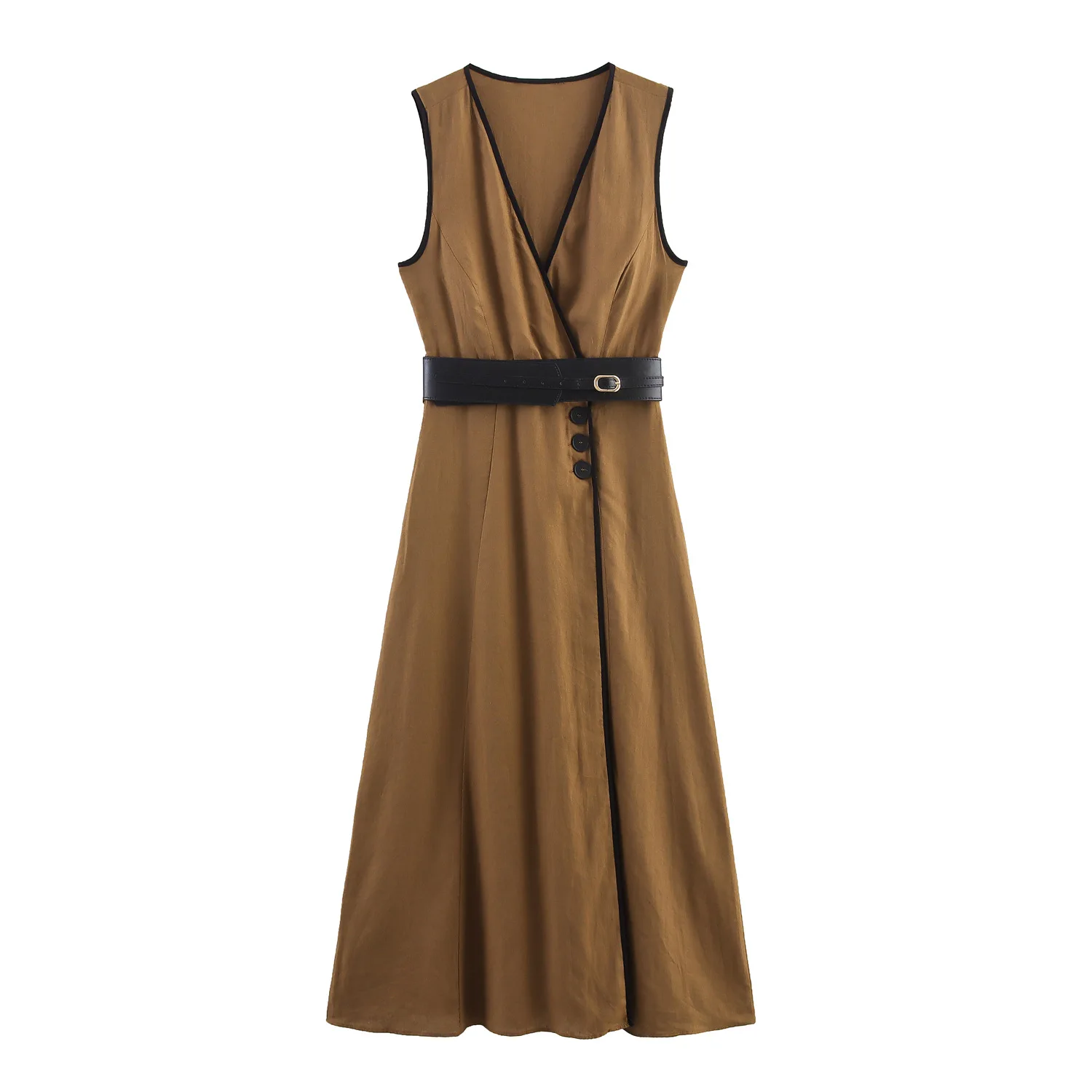 

Woman Summer Party Midi Dress Women Elegant V-Neck Sleeveless Single-Breasted Belted Blend Open-lined Embellished Dresses