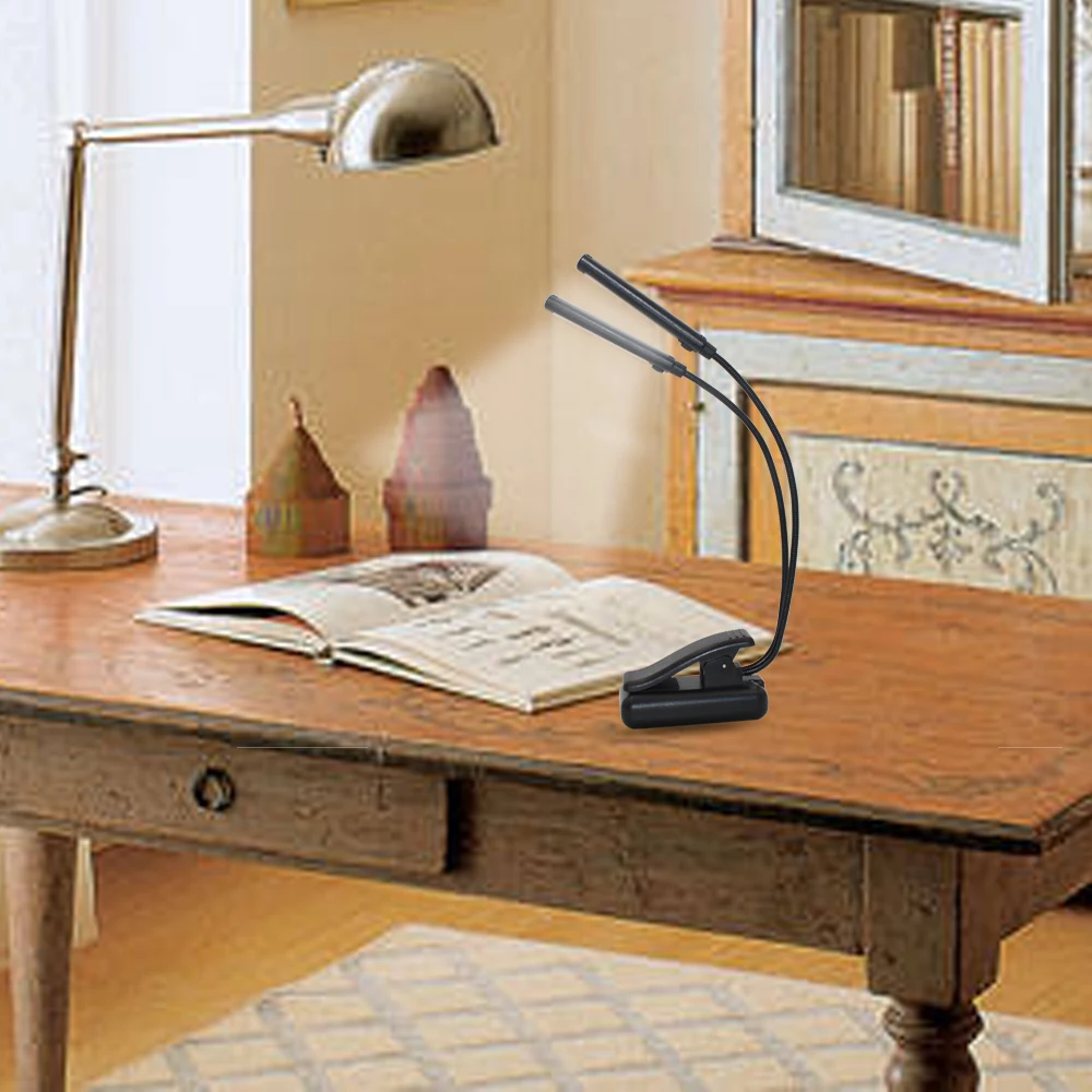 USB 2 Led COB Light Build-in Battery Book Reading Lamp Light Flexible 2 Dual Arms Clip On Torch Flashlight + Cable