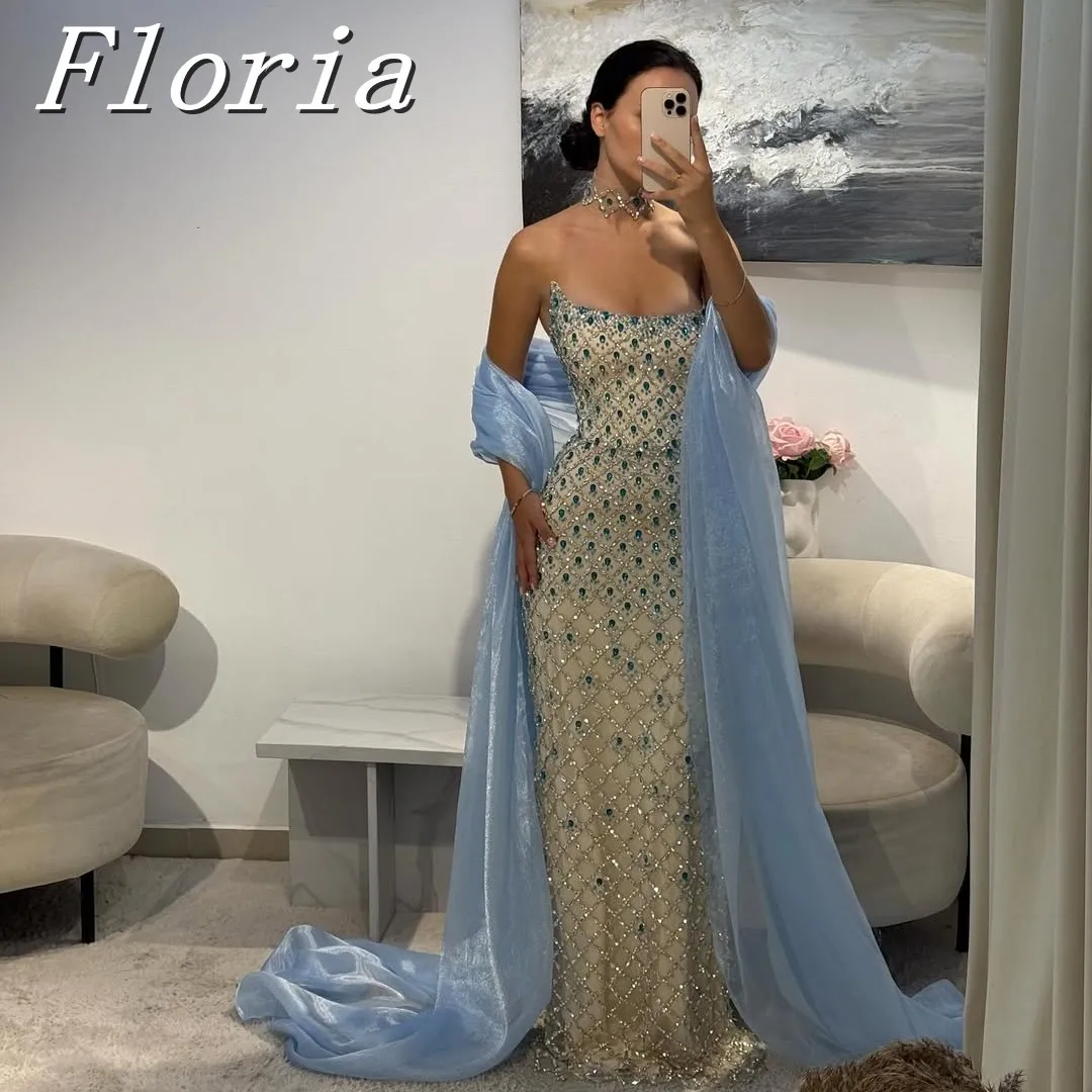 

Gorgeous Sparkly Blue Stones Long Formal Evening Party Dress 2 Pieces Off Shoulder Hand Sew Mermaid Prom Gown