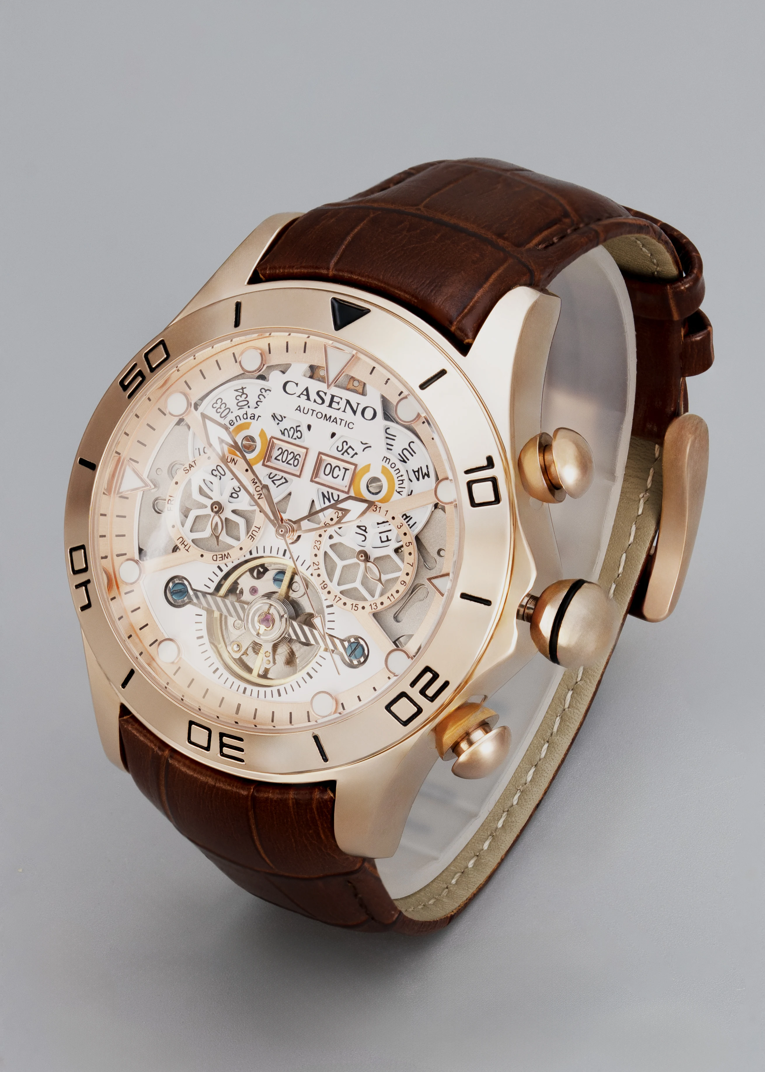 CASENO brand bubble perpetual calendar fully automatic tourbillon large dial mechanical watch belt watch -58284G