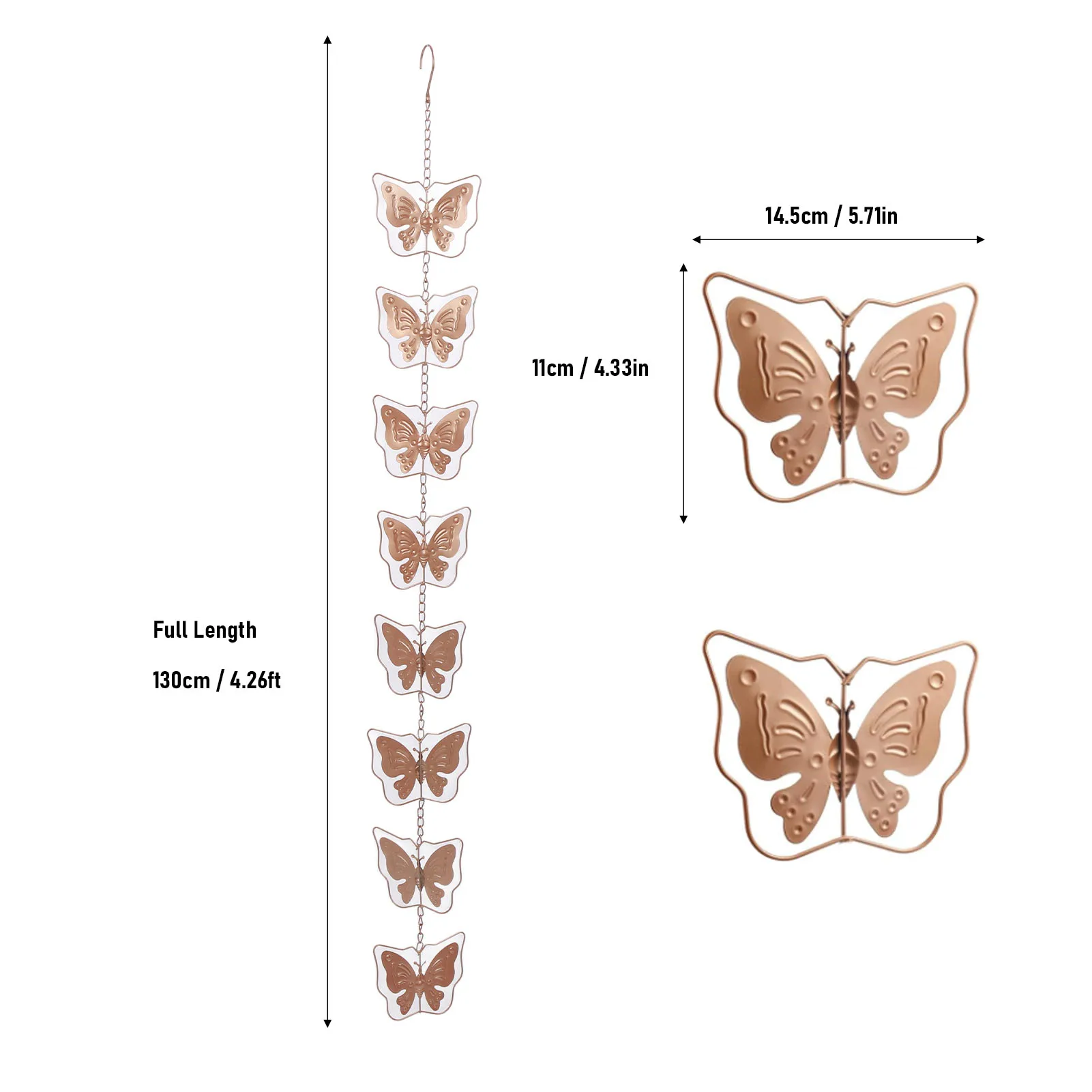 Cadena de lluvia de mariposas de Metal, desviador de agua decorativo, campanas de lluvia funcionales para bajantes, canalón de jardín, 4,26 pies de longitud