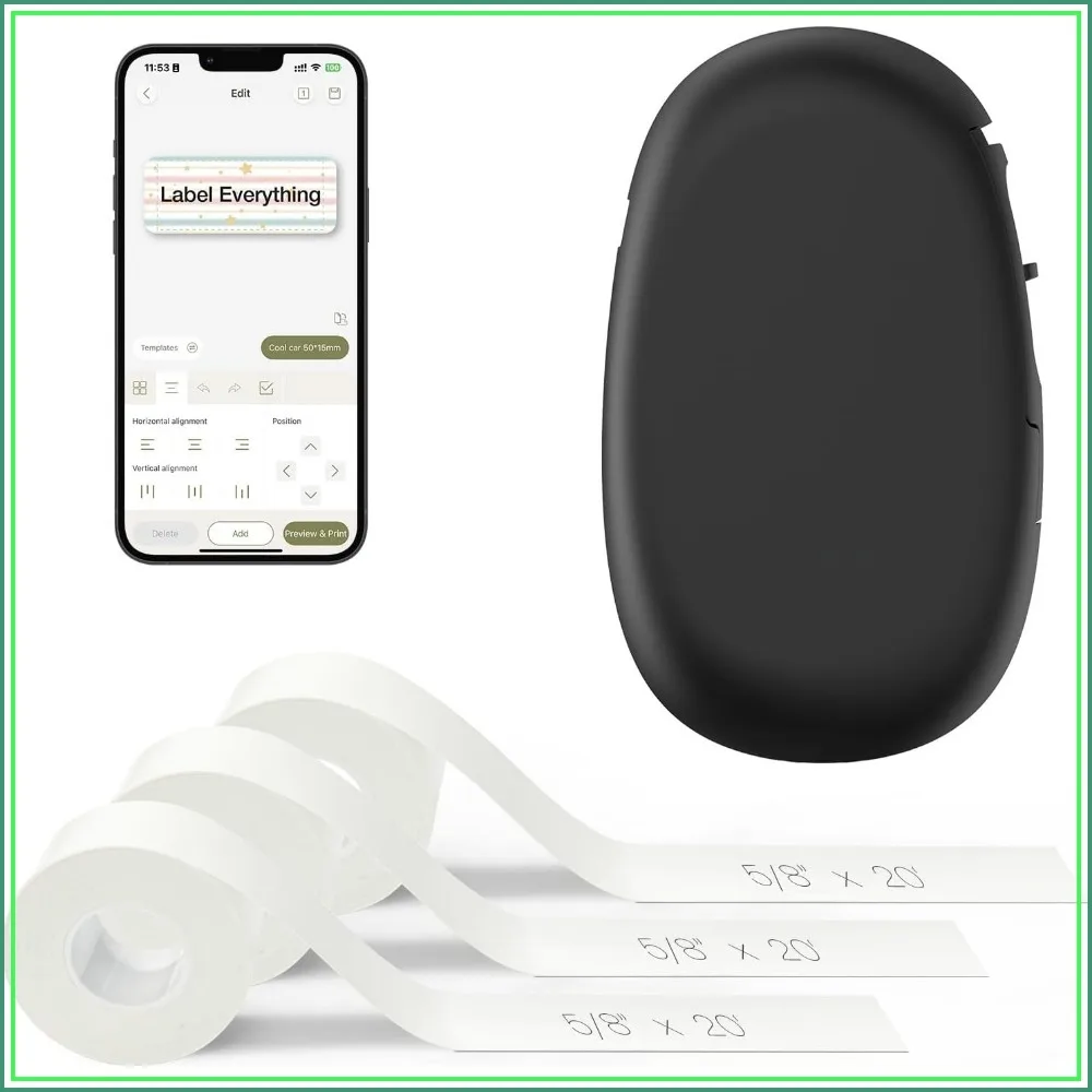 Bluetooth Label Maker with 3 Tapes, Waterproof Labels, App with 40 Fonts & 450+ Icons, Inkless, Rechargeable, for Home Office School