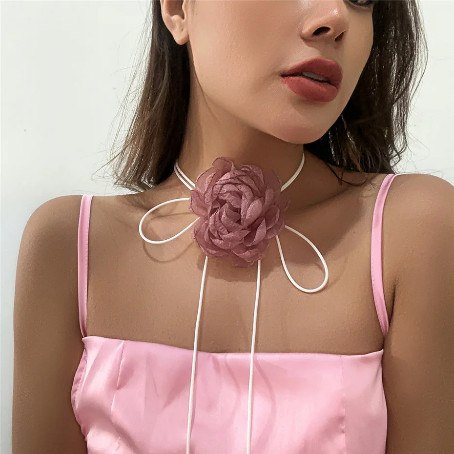 Übertriebene elegante große Rose Blume Schlüsselbein Kette Halskette für Frauen kpop sexy romantische verstellbare Seil Halsreif y2k Accessoires – Detail 10